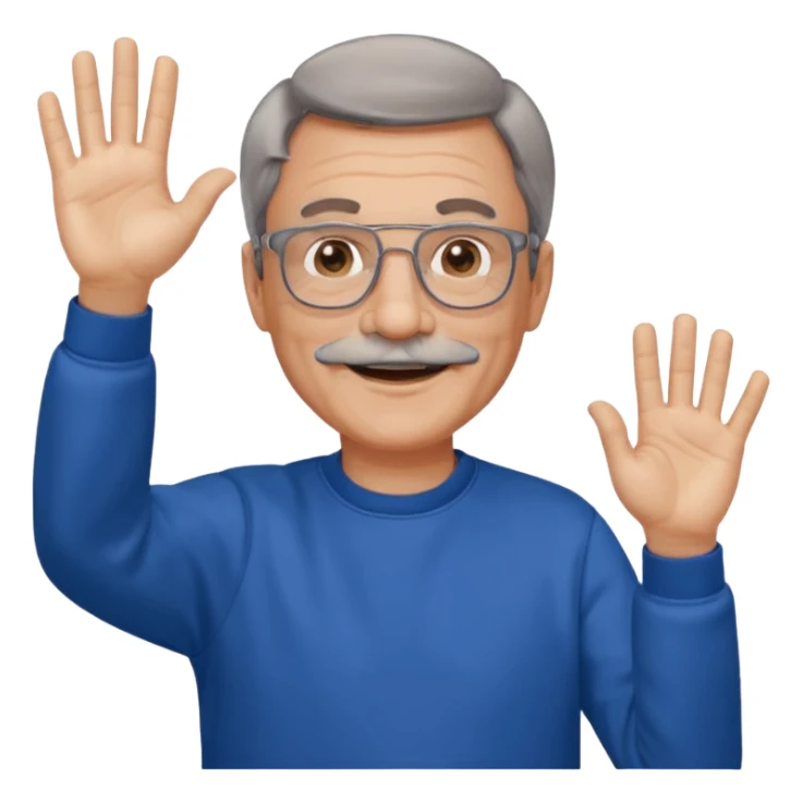 60 yr man partial brown hair parted in center, gray mustache, light glasses, sweatshirt waving hello sticker