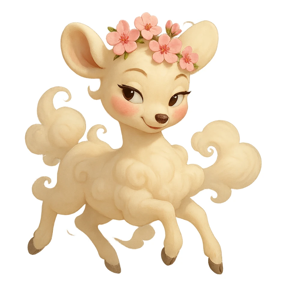 elegant feminine vanilla cloud doe with rosy cheeks and cherry flowers on its head, floating gracefully, Pixar art style, confident charming subtly alluring tasteful family-friendly sticker