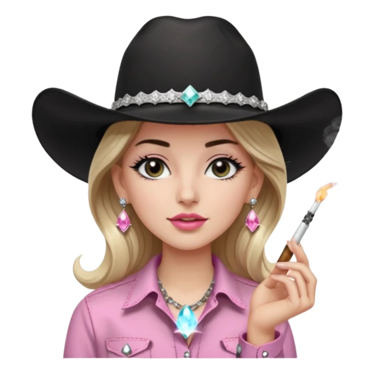 White girl, long black eyelashes, black cowboy hate with hat band sparkling, long light brown straight hair, pink and black western shirt, smoking a joint,  big white diamond stud earrings sticker