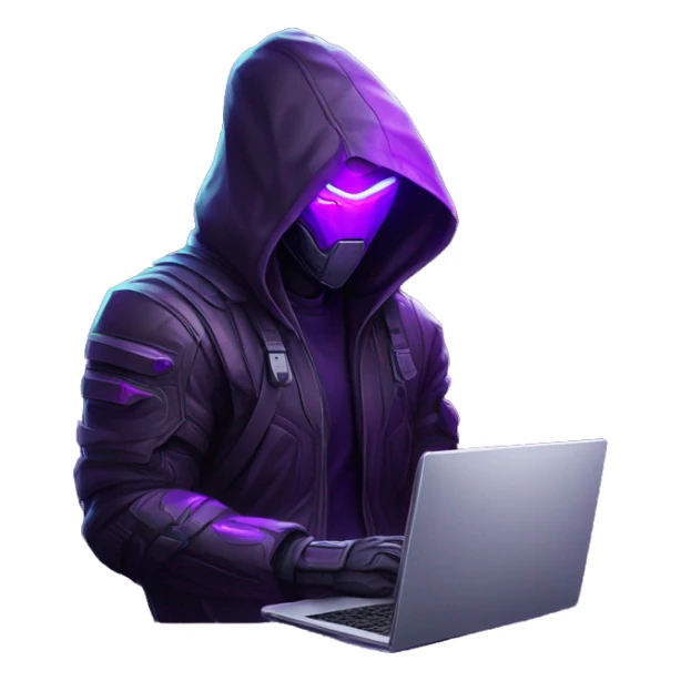developer behind his laptop with this style : crysis Cyberpunk Valorant neon glowing bright purple character purple violet black hooded assassin themed character sticker