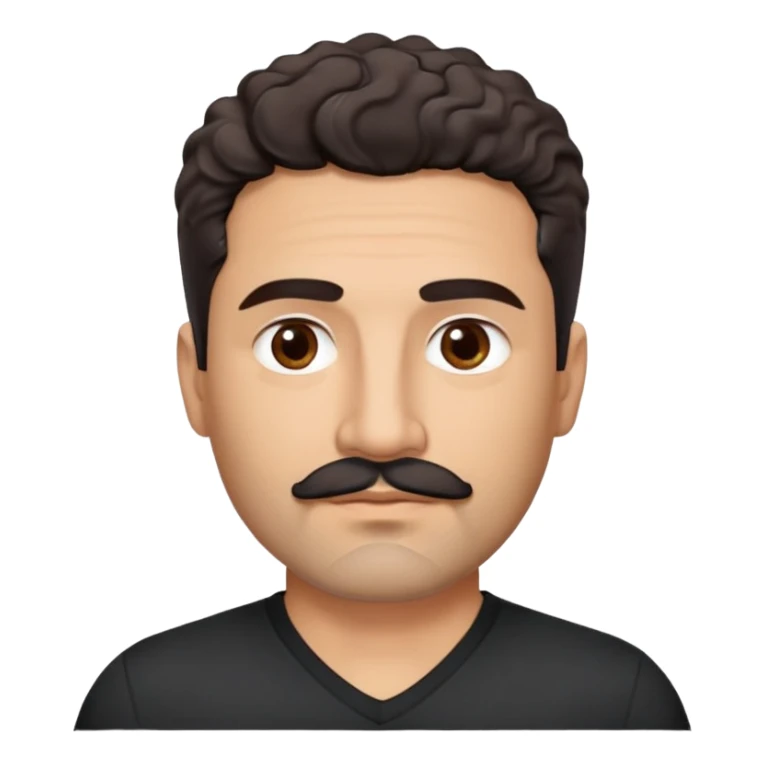 Hispanic man in his 40s with light cinnamon skin. Structured face with defined jawline. Calm brown eyes. Natural thick eyebrows. Connected mustache and chin beard (goatee) in black with a few gray hairs. Short curly dark hair. Wearing a black V-neck t-shirt. sticker