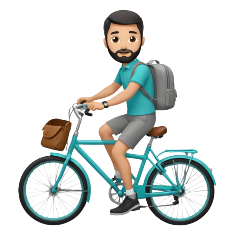 a man with a grey backpack and a torquoise byciycl and he has black shot=rt man hair and a beard with a polo grey shirt and dress pants and hes riding it with pants remeber sticker