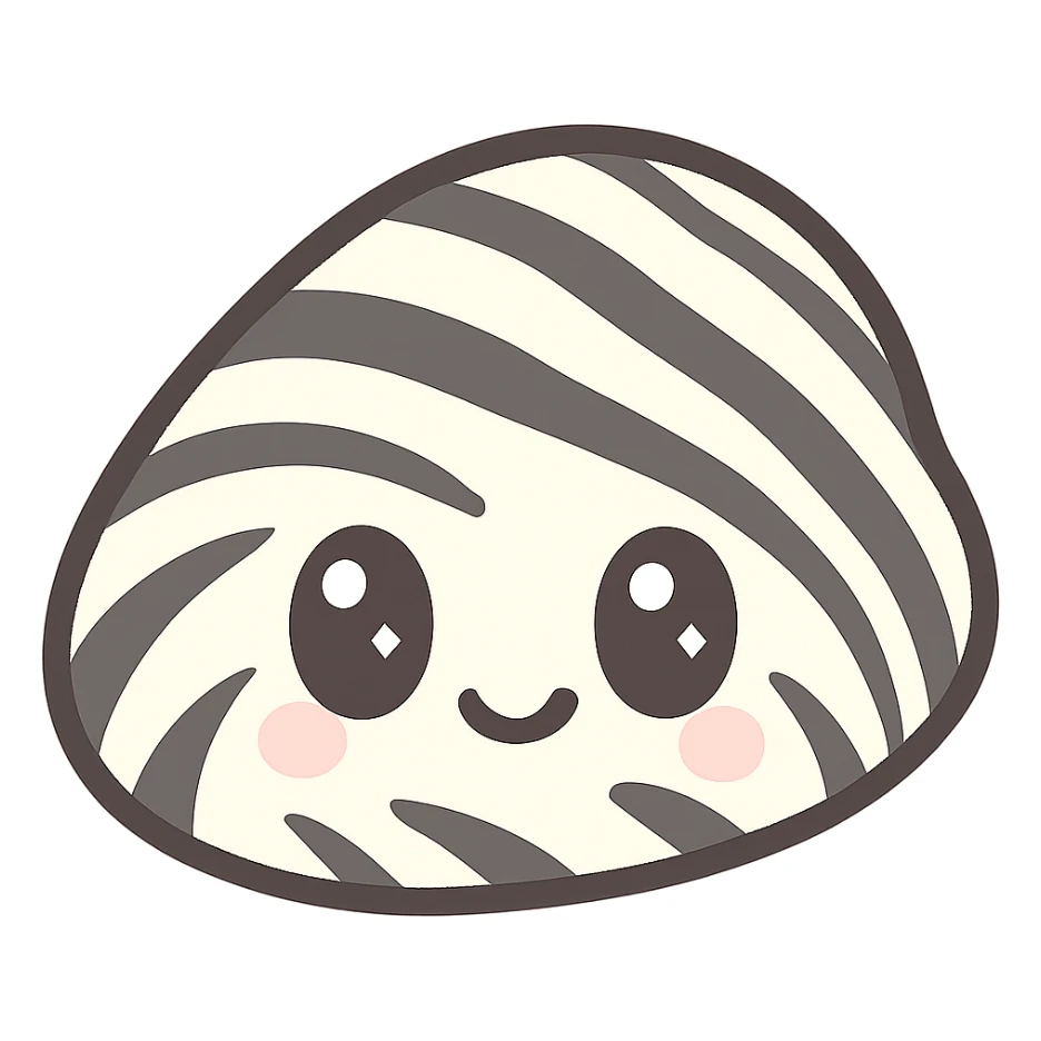 zebra mussel emoji, cute kawaii style, big eyes, striped shell sticker