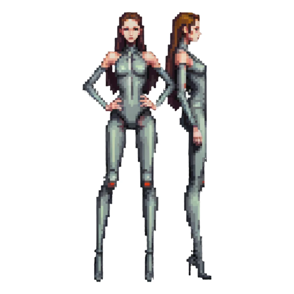 Tall slender woman with elongated arms and legs, sharp angular facial features with high cheekbones and defined jawline sticker