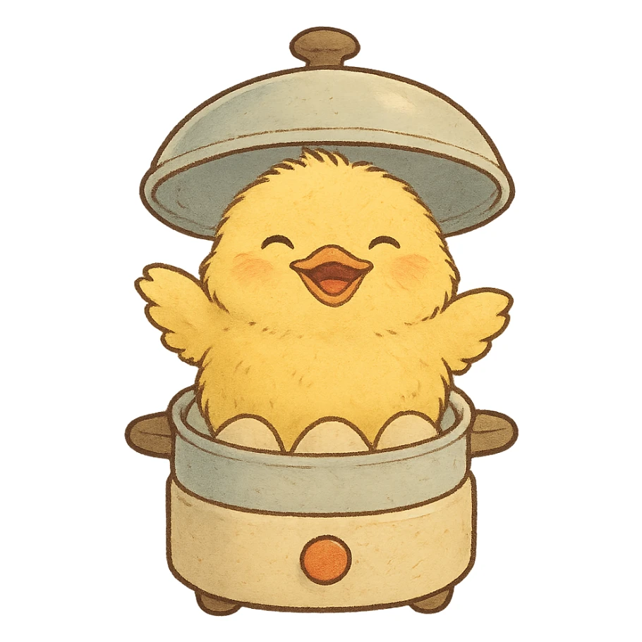 soft yellow fluffy chibi chick big smile emerging from lid of egg cooker full-body sticker