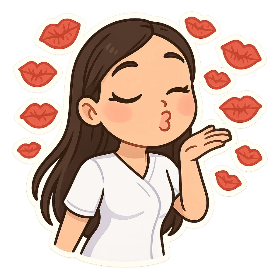 3D chibi bitmoji style sticker of the girl from the reference image, with long dark hair and wearing a white medical top, kissing the viewer, surrounded by lots of kiss marks, with a white outline and transparent background. sticker