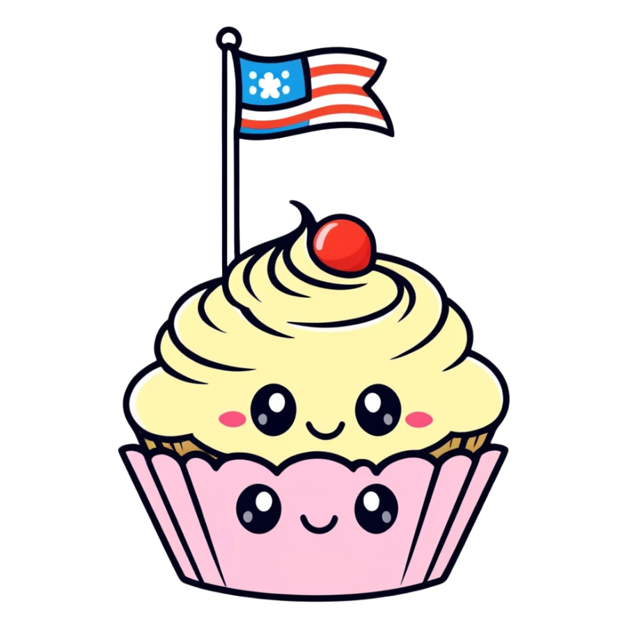 A pastel-colored cupcake with big eyes and a smile holding a flag that says ‘Sweetest girl ever! sticker