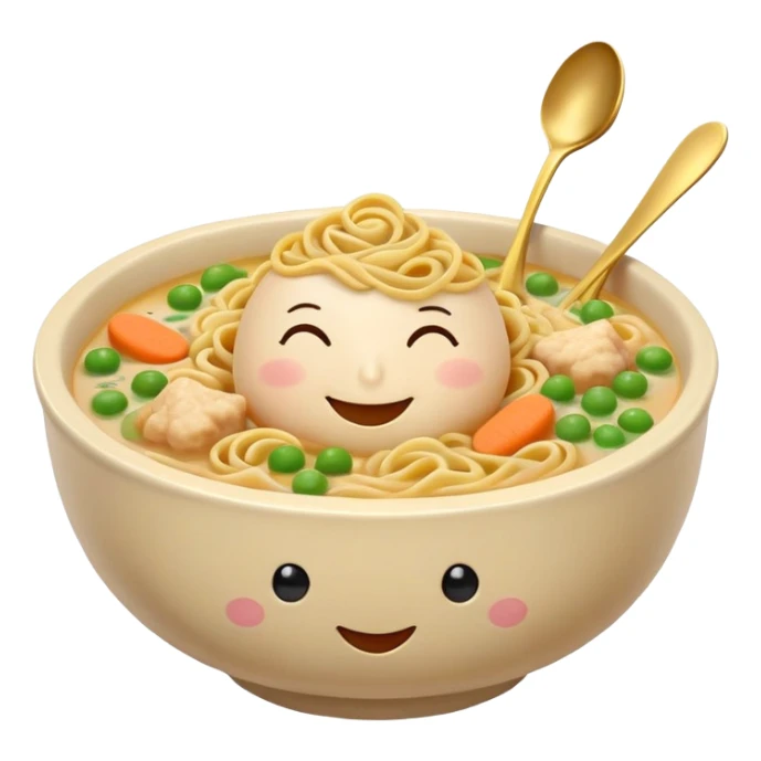 light beige ceramic bowl with homey feel filled with golden broth spiraled noodles chicken chunks carrots peas bowl with happy cozy face closed smiling eyes blush steam rises musical notes spoon tucked in sparkles add warmth around bowl sticker