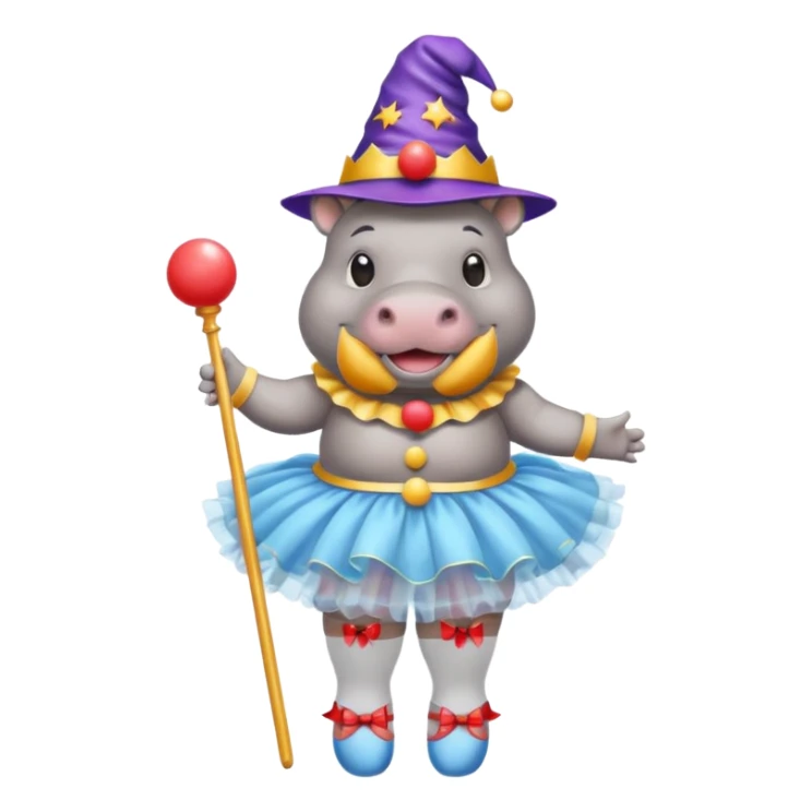 Hippo with a clown nose, a wizard hat, a ballerina tutu, a bikini, sandels and white socks  sticker