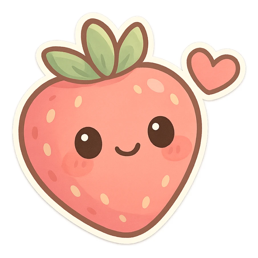 chibi sticker-style strawberry with a heart accent, cute and exaggerated sticker