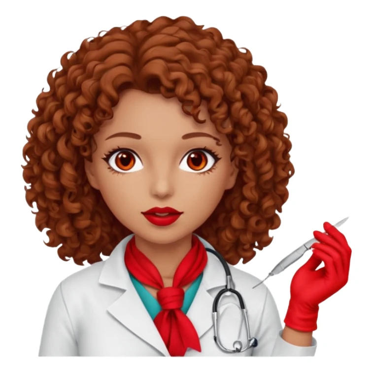 Lilith scalpel in hand, evil surgeon sexy surgeon clothes.  She has red eyes.  Hair is long. Hair is brown and curly hair. Wears sexy doctor outfit with red gloves. Sexy surgeon working for Cartel uses scarf to Covers mouth and neck mask  red sticker