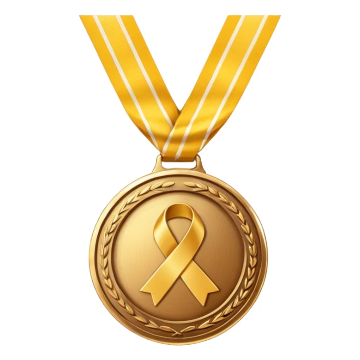 A golden medal with a glossy finish, featuring a central gold awareness ribbon symbol sticker