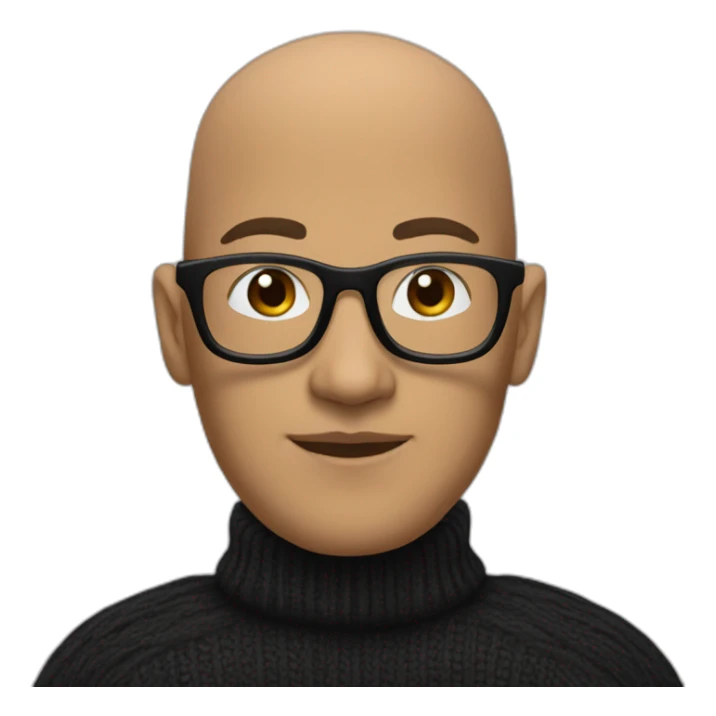 bald individual with an oval-shaped head, dressed in a black turtleneck, and wearing glasses sticker