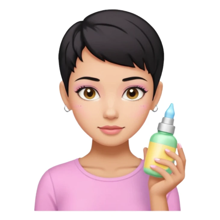 tan girl pink shirt with black hair & a pixie, cut no earrings, doing cute pastel colors skin care sticker