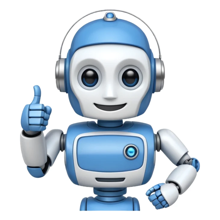 A blue and white robot smiling and winking with one eye, making a thumbs-up sign with one hand. sticker
