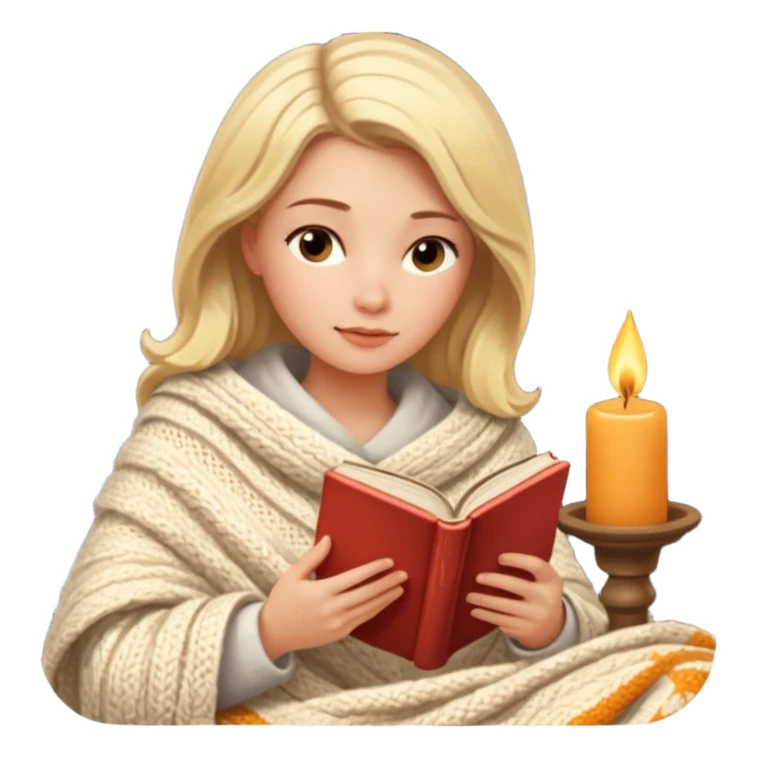 Cozy blonde woman reading book with blanket and candle sticker