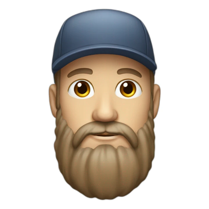 white man with a long and brown beard and a cap sticker