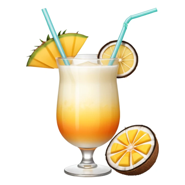 A beautiful cocktail with a creamy white to orange gradient, containing coconut juice and mango, reminiscent of summer. Above, there are tropical flowers, lemon slices, and straws. sticker