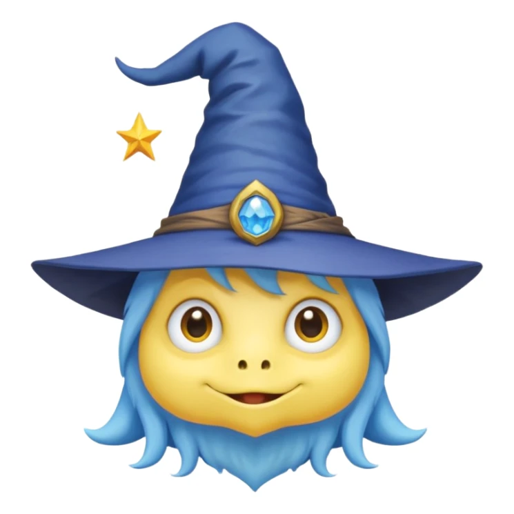 cute monster with white body, yellow tail, wearing blue sky witch hat. the face facing the front towards the 4th wall sticker