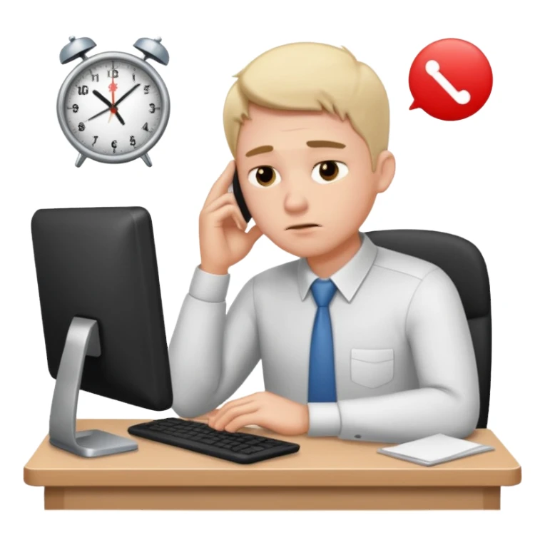 man sitting at his workplace, working hard, very tired, focused face sticker