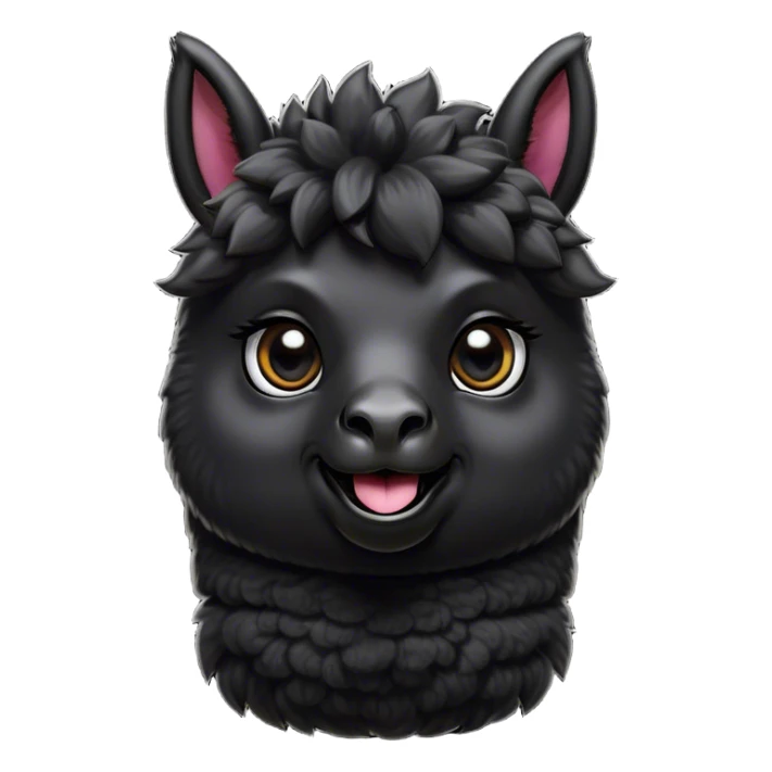 Cinematic Comical Black Alpaca Portrait Emoji, Head tilted dramatically with an exaggeratedly amused expression, featuring a striking jet-black fleece with playful texture, wide, expressive dark eyes filled with playful disbelief, Simplified yet hilariously expressive features, highly detailed, glowing with a slightly sassy glow, high shine, dramatic yet playful, stylized with an air of cheeky mischief, bright and endearing, soft glowing outline, capturing the essence of a spirited and over-the-top alpaca, so meme-worthy it feels like it could side-eye its way into internet fame instantly! sticker