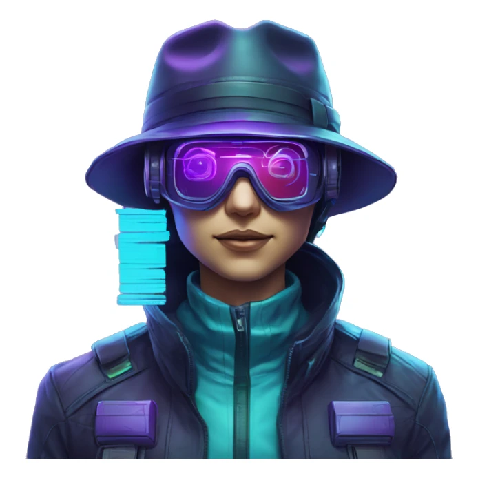 Secret human agent in a hat with  cyberpunk elements in VR googles scanning looking reviewing multicolor lines of code, cyan and purple colors, only upper body portrait sticker