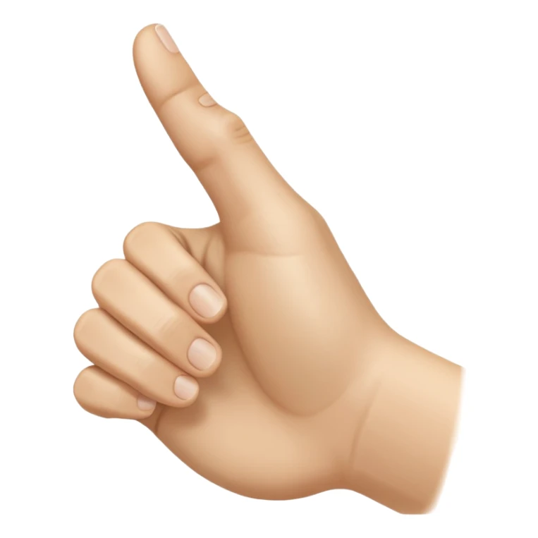 A realistic close-up photo of a right hand entering the frame from the bottom right corner, back of the hand facing the camera, pointing diagonally upwards to the left with only the thumb and index finger extended in a finger gun or L-shape gesture, other fingers closed and tucked in. sticker