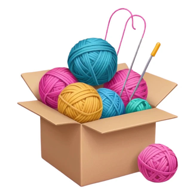 paper box with toys, ball of yarn, pink sticker
