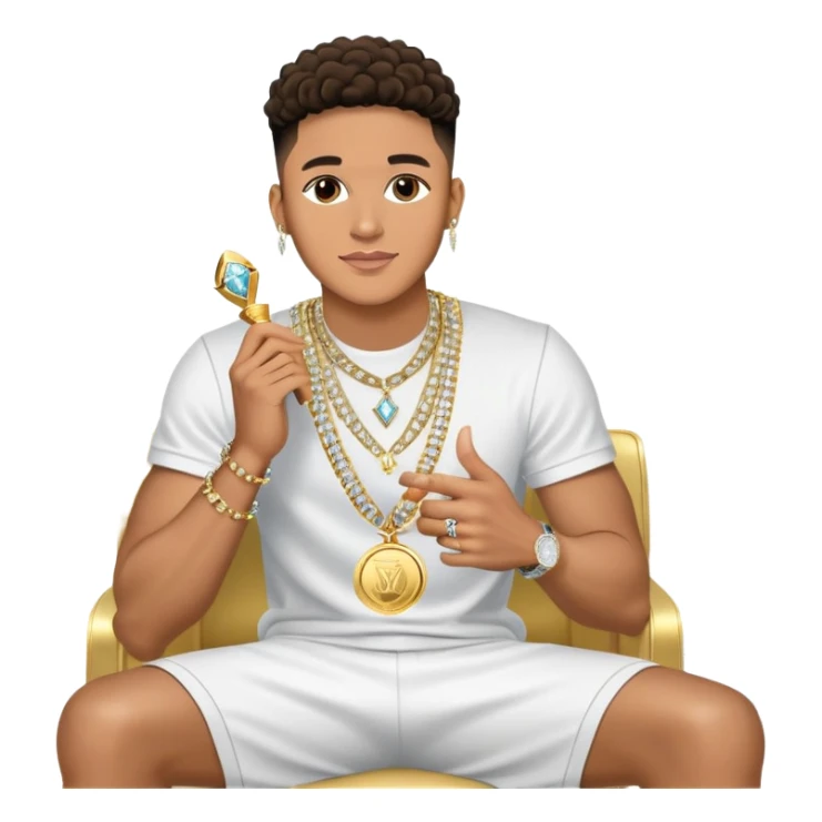 Internet celebrity Josh King Madrid jetset wearing shiny diamond earrings and sparkly iced out diamond tennis necklace chains with tefi valenzuela sitting with him holding gold internet celebrity trophy on tv show in Miami sticker