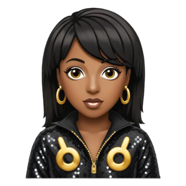 Missy Elliott with black hair, black sequin jumpsuit sticker