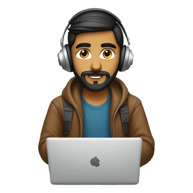 A handsome and intelligent looking indian boy having beard . Having the headphones on coding in hist laptop sticker