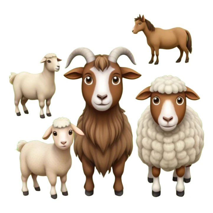 Icon for Domestic Hooved Animals: A gentle collage featuring a brown goat with large, curious eyes, a calm sheep with soft wool and a horse with a flowing mane. Background with a green pasture and a few hay bales. Transparent background. sticker