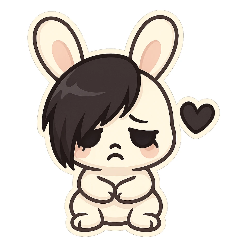 chibi sticker-style bunny with an emo face, black heart accent, cute and exaggerated sticker