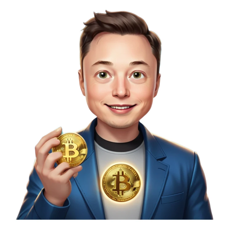 Elon Musk holding a shiny Bitcoin coin, with a futuristic digital glow around it, wearing a sleek space-themed outfit, smiling confidently, in a minimalistic and modern style. sticker