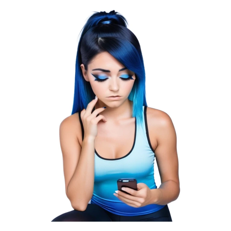 Disapponted-big tears-head back texting on phone-very very large upper body-sexy face-bending forward at waist-very long very straight dark blue to light blue ombre hair-and-blue eyes-thick black eyeliner-long eyelashes-iridescent blue lowcut tanktop with black leggings with glitter superman logo sticker