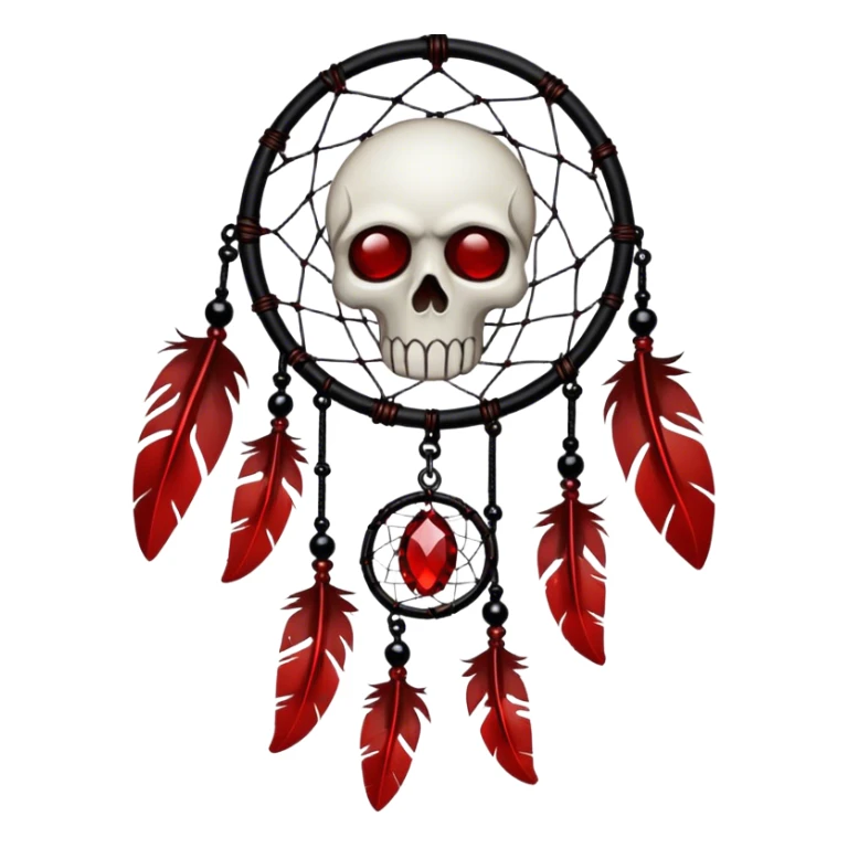 Blood-red, bloody, obsidian-black, edgy, dream catcher, red gemstones, black wires, black threads, skull, white feathers, badass, evil sticker