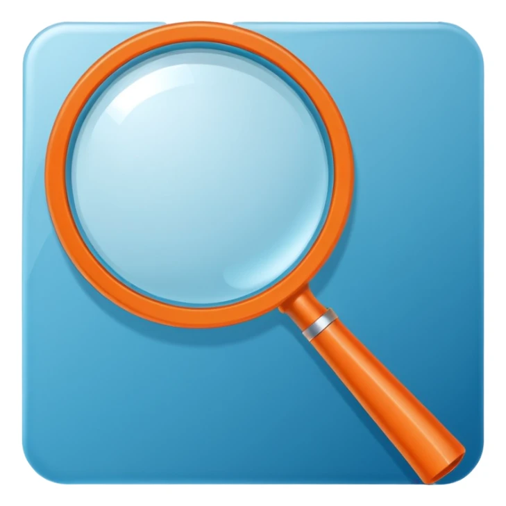 A stylized blue magnifying glass tilted right, flat design, minimalist, vibrant orange handle, white circular background, high resolution, 2048x2048 pixels, vector art, clean lines sticker