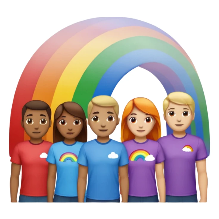 a huge group of people with the same matching shirts on with a rainbow behind them  sticker