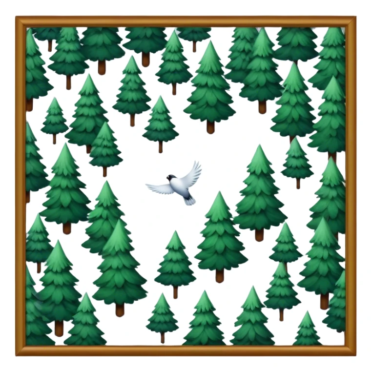 Trees with snow on it from a Birds Eye view with a bird flying over the trees sticker