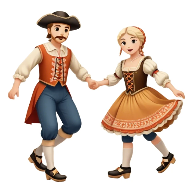 Cinematic Realistic scene of two performers executing the Klompendans, dressed in traditional Dutch costumes complete with wooden clogs and detailed folk patterns, captured in lively motion with soft, natural lighting sticker