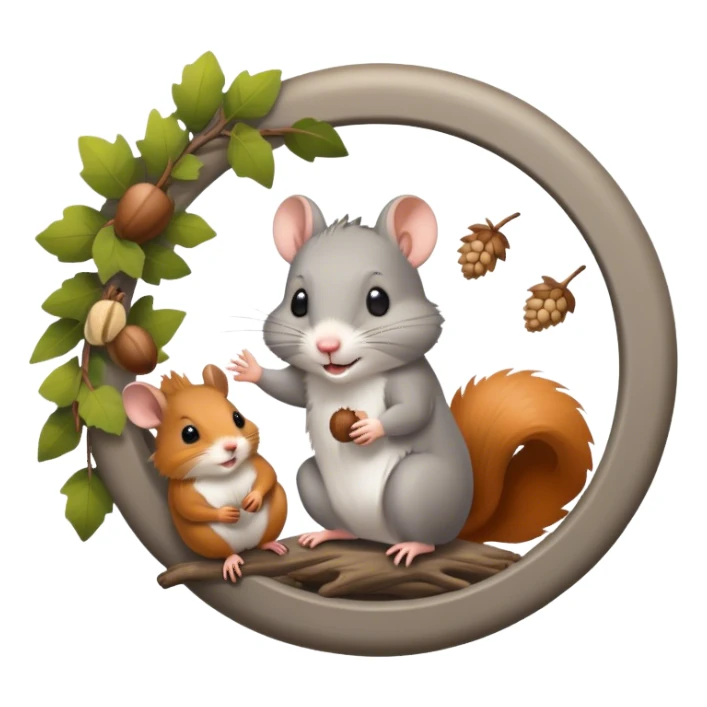 Icon for Rodents: A vibrant collage featuring a playful hamster in a wheel, a fluffy gray mouse with large ears, and a cheeky squirrel holding an acorn. Background with scattered seeds and tree branches. Transparent background. sticker
