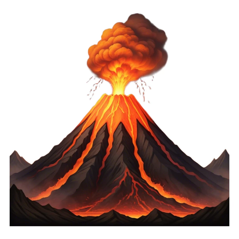 Cinematic Realistic Volcano Emoji, Powerful and awe-inspiring, with molten lava flowing from its jagged, smoking peak, casting an orange glow in the surrounding darkness. The landscape around it is barren and rocky, with clouds of ash rising into the sky. Soft glowing outline, capturing the essence of raw power and fiery energy in a towering volcano. sticker