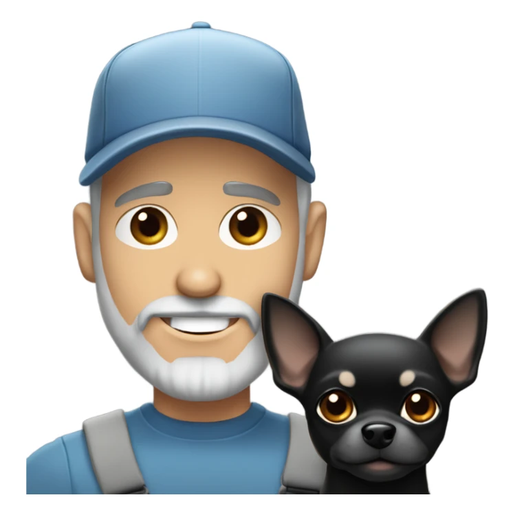 Handsome man, with blue eyes, grey hair, and grey goatee beard, wearing ball cap and holding a long haired black chihuahua sticker