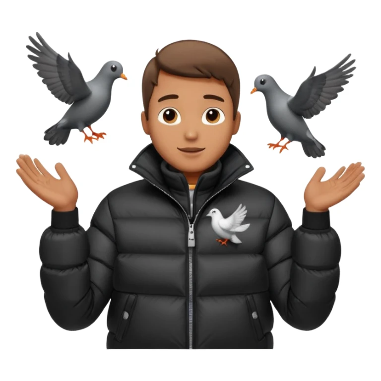 puffer shiny black jacket man open arms looking at a flying pigeon sticker
