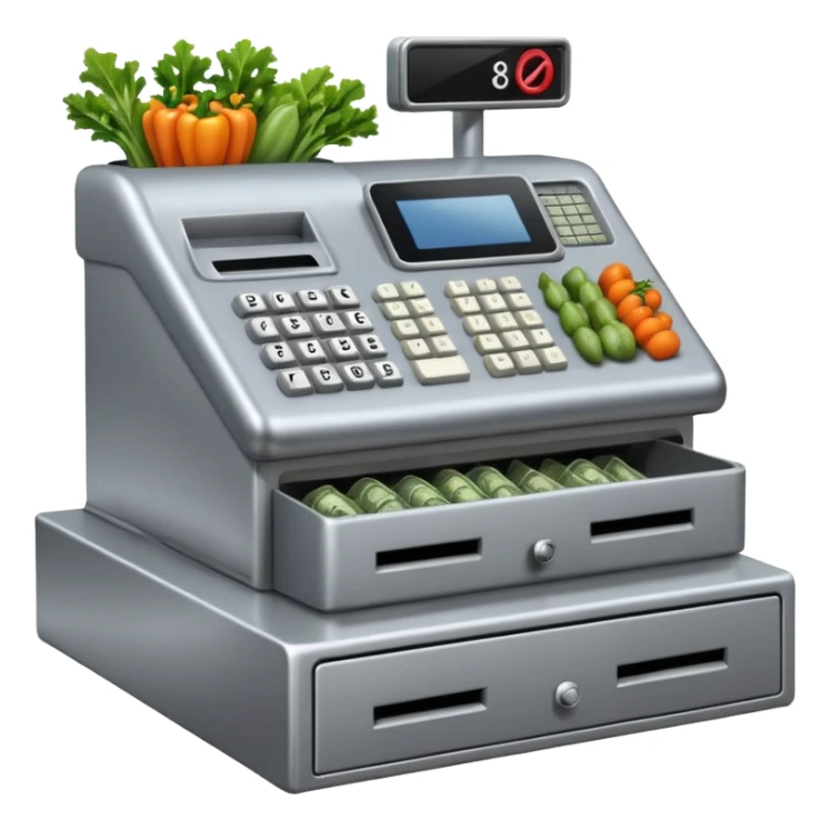 Front-facing cash register with symbol keys for vegetables sticker