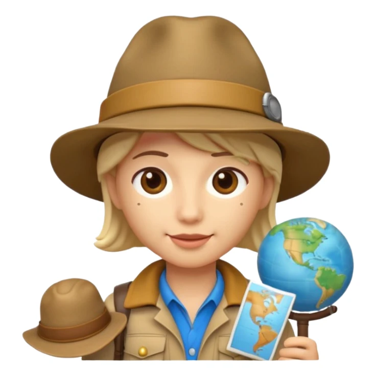 Apple Memoji-style 3D emoji of an explorer with a map and hat, soft shading, rounded shapes, no background.
 sticker