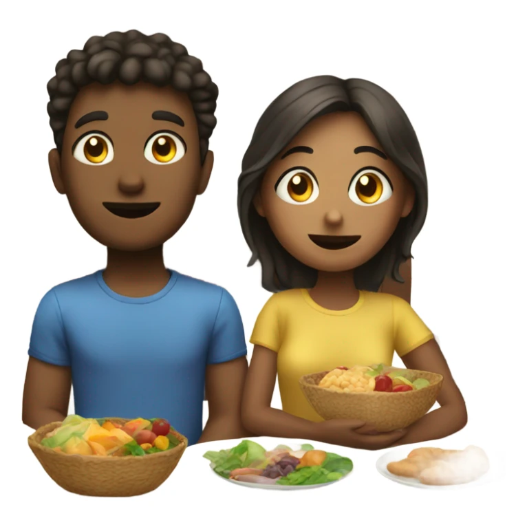Boy and girl sitting on bed with food sticker