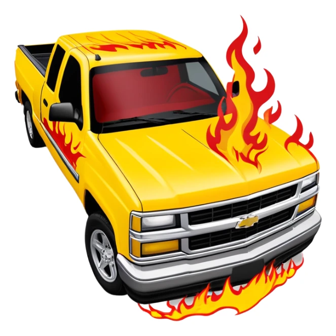 Bright yellow 1997 Chevrolet Silverado with authentic red flame print decal across the front hood, precise Kill Bill movie detail, 30-degree angle, iOS emoji style sticker