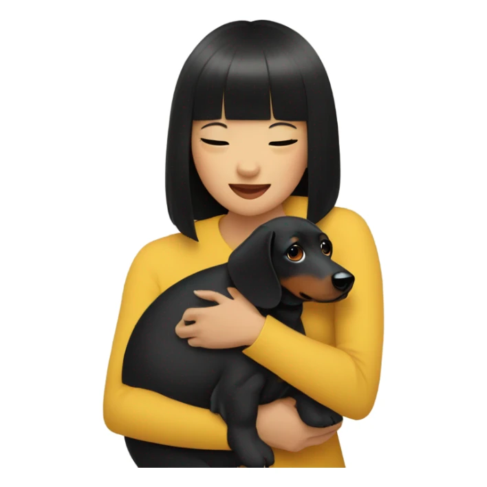 Asian woman with black neat bangs hugging black dachshund sticker