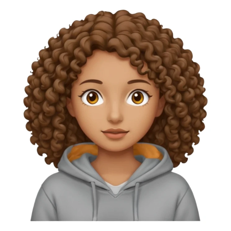 Woman, curly brown hair, hoodie, sticker